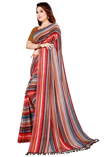 Bright Multi Color Digital Stripes Print With Sequence Georgette Saree